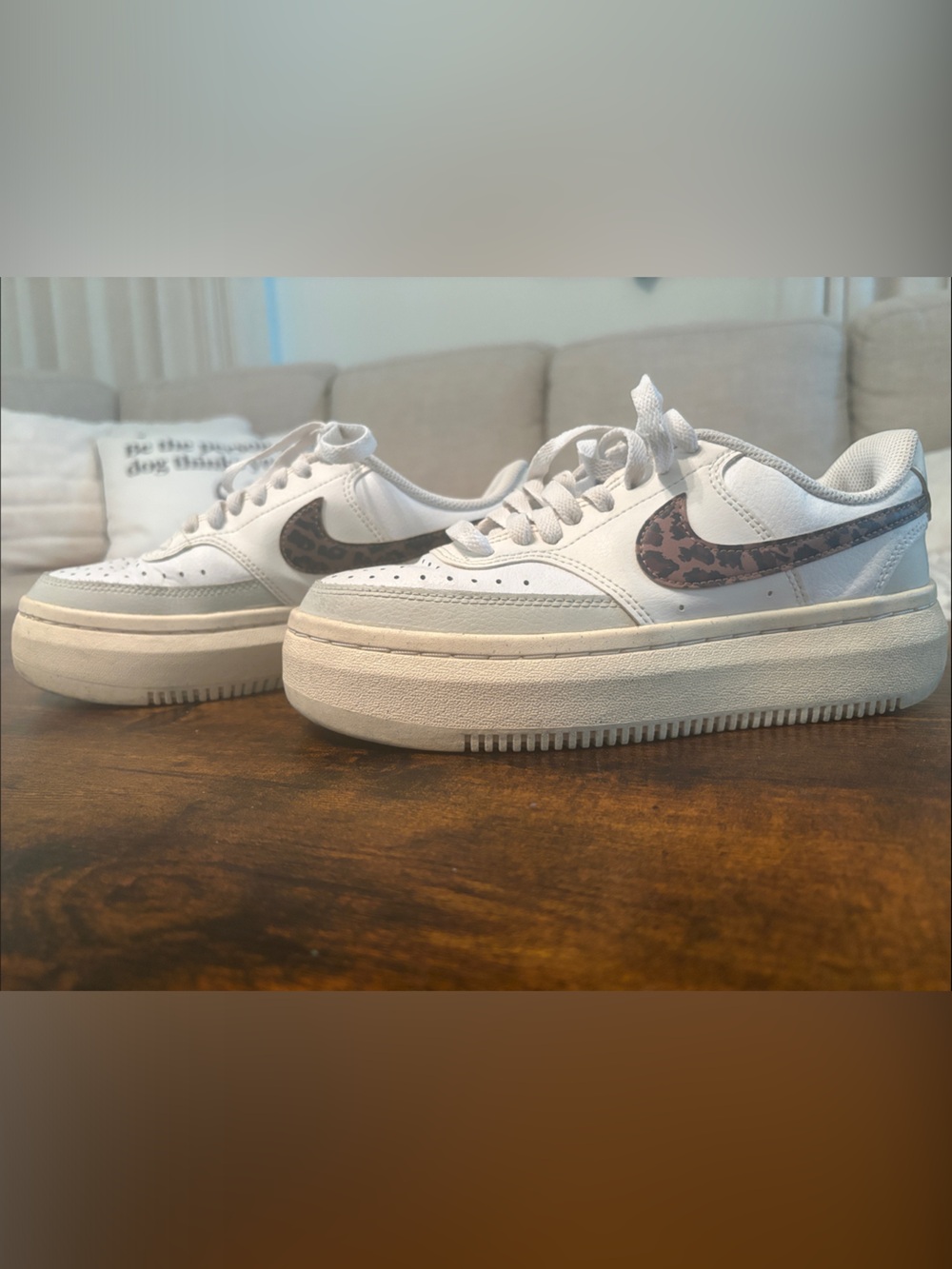 Nike White Sneakers with Brown Leopard Swoosh